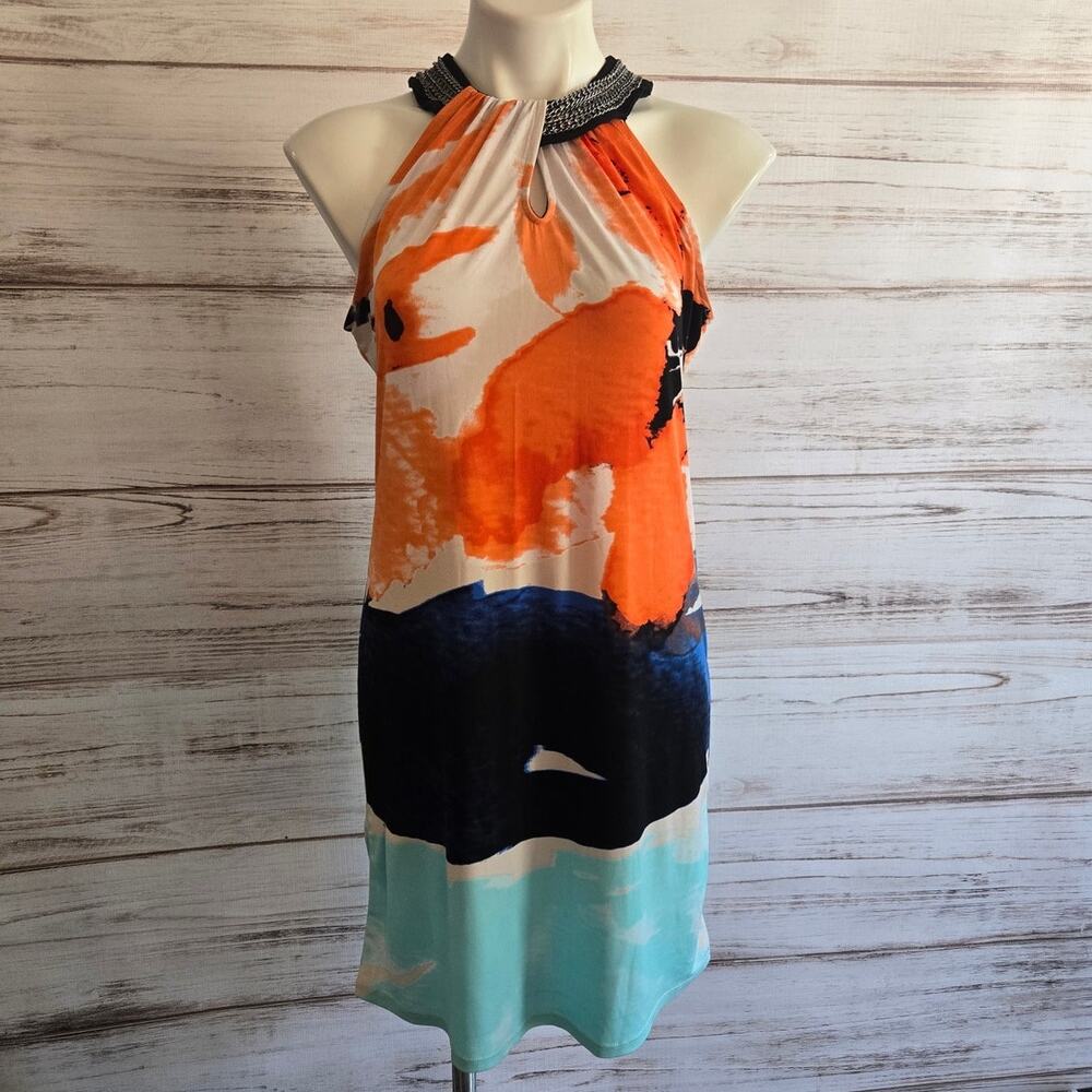 Alfani Halter Neck Shift Dress Watercolor orange, white with chain sz S Petite